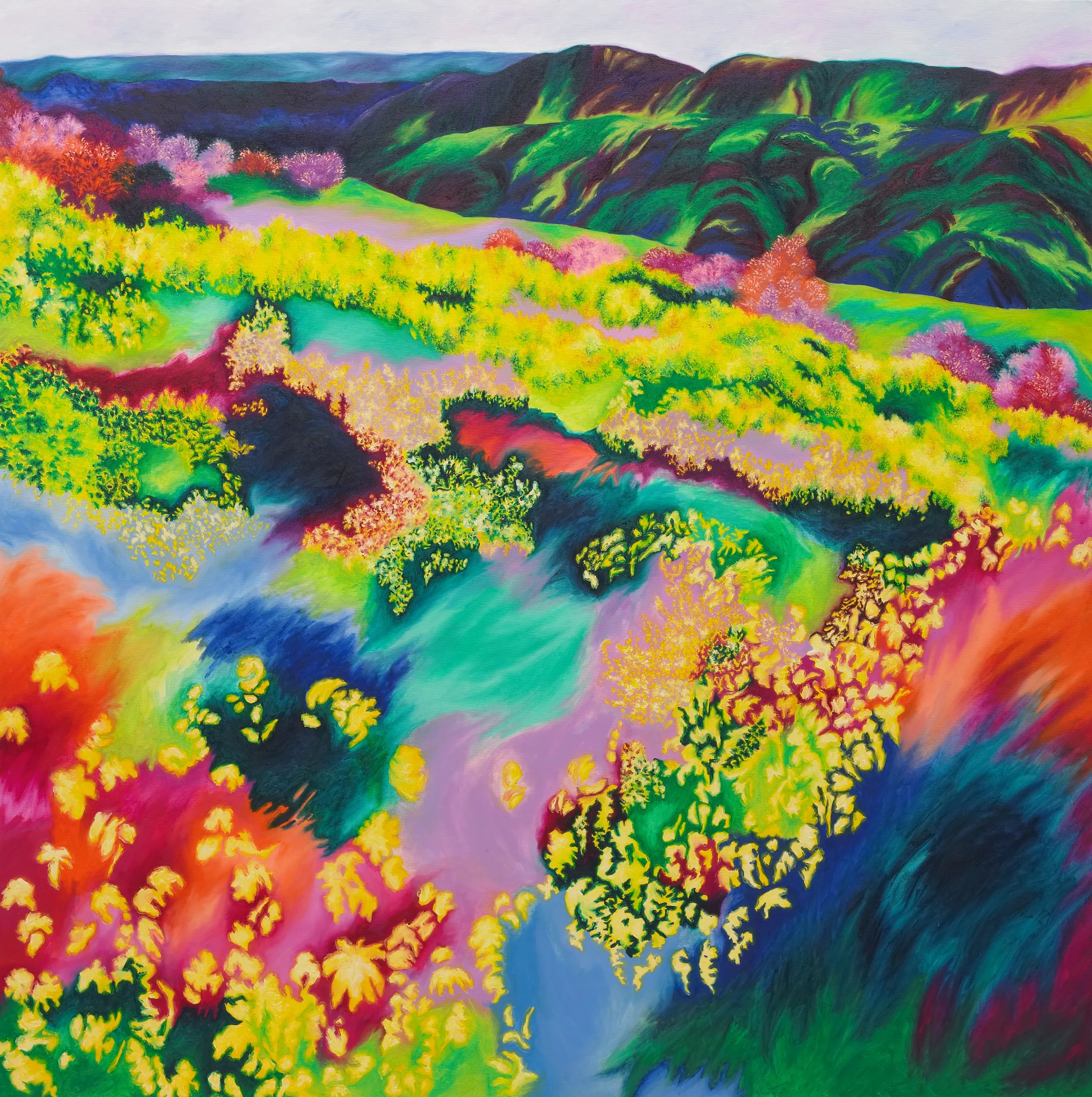 A painting of a colorful landscape with hills in the background.