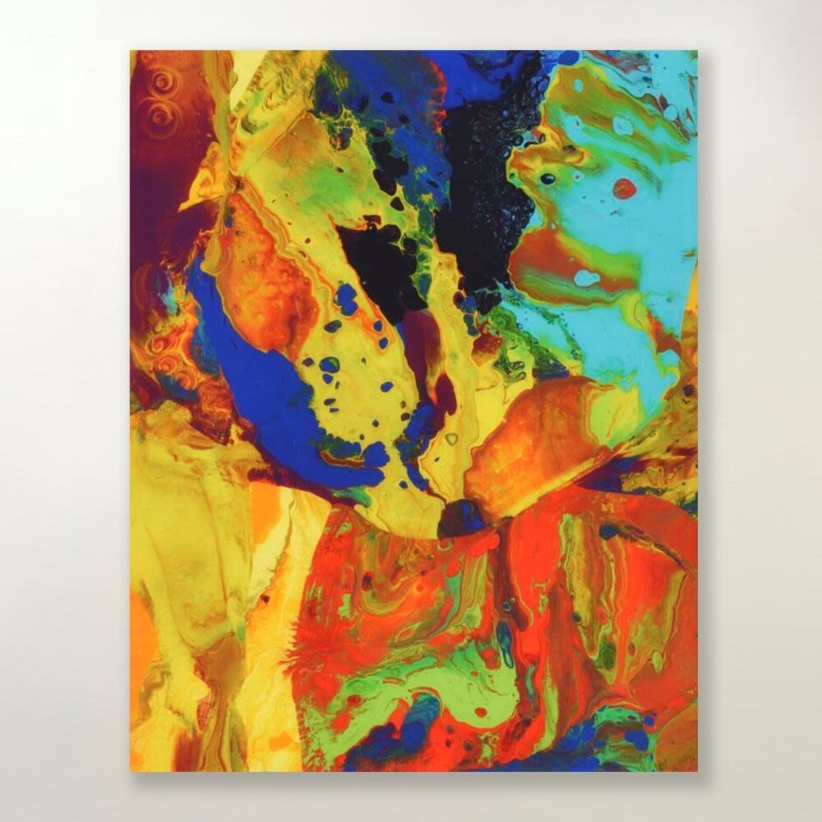 A collection of four vibrant abstract paintings featuring fluid, marbled textures and bold color contrasts.