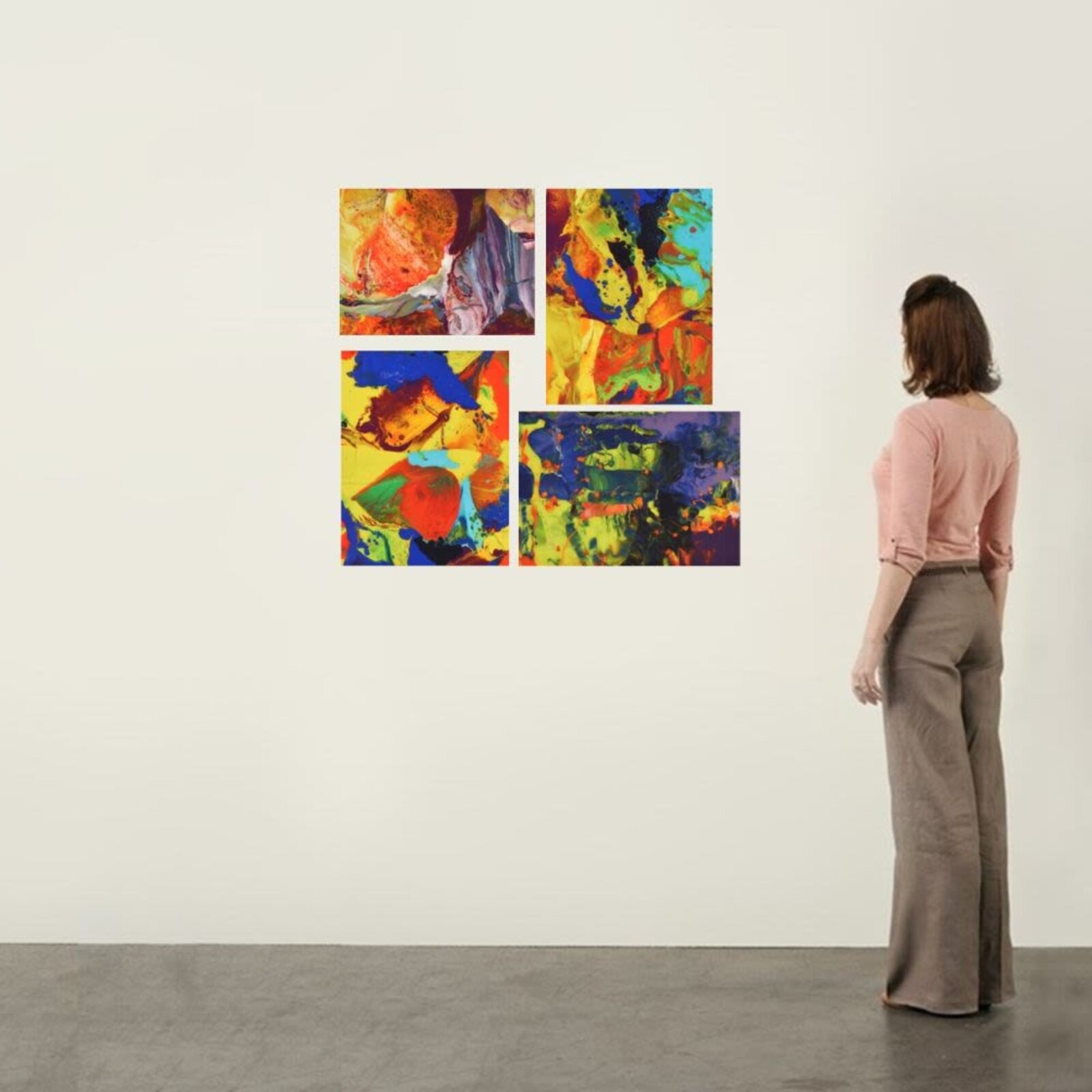 A collection of four vibrant abstract paintings featuring fluid, marbled textures and bold color contrasts.