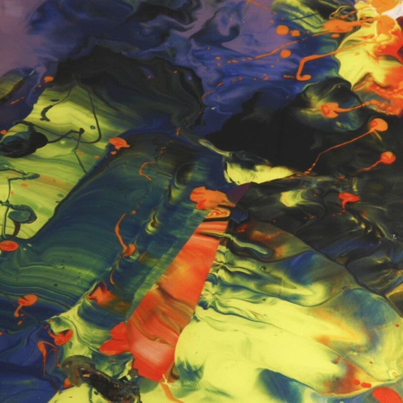 A collection of four vibrant abstract paintings featuring fluid, marbled textures and bold color contrasts.