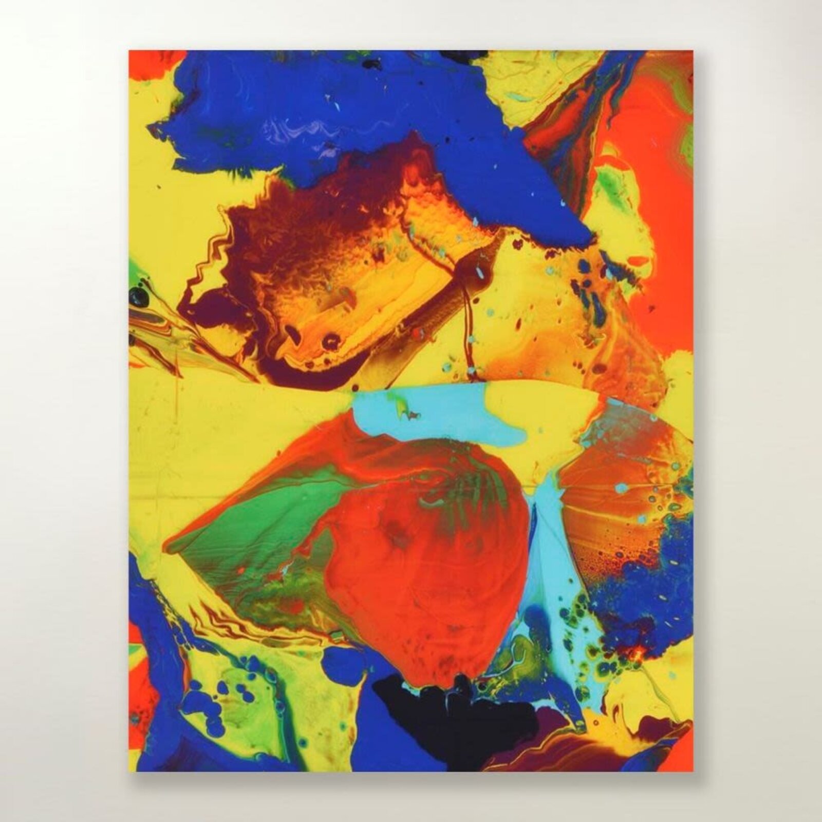 A collection of four vibrant abstract paintings featuring fluid, marbled textures and bold color contrasts.