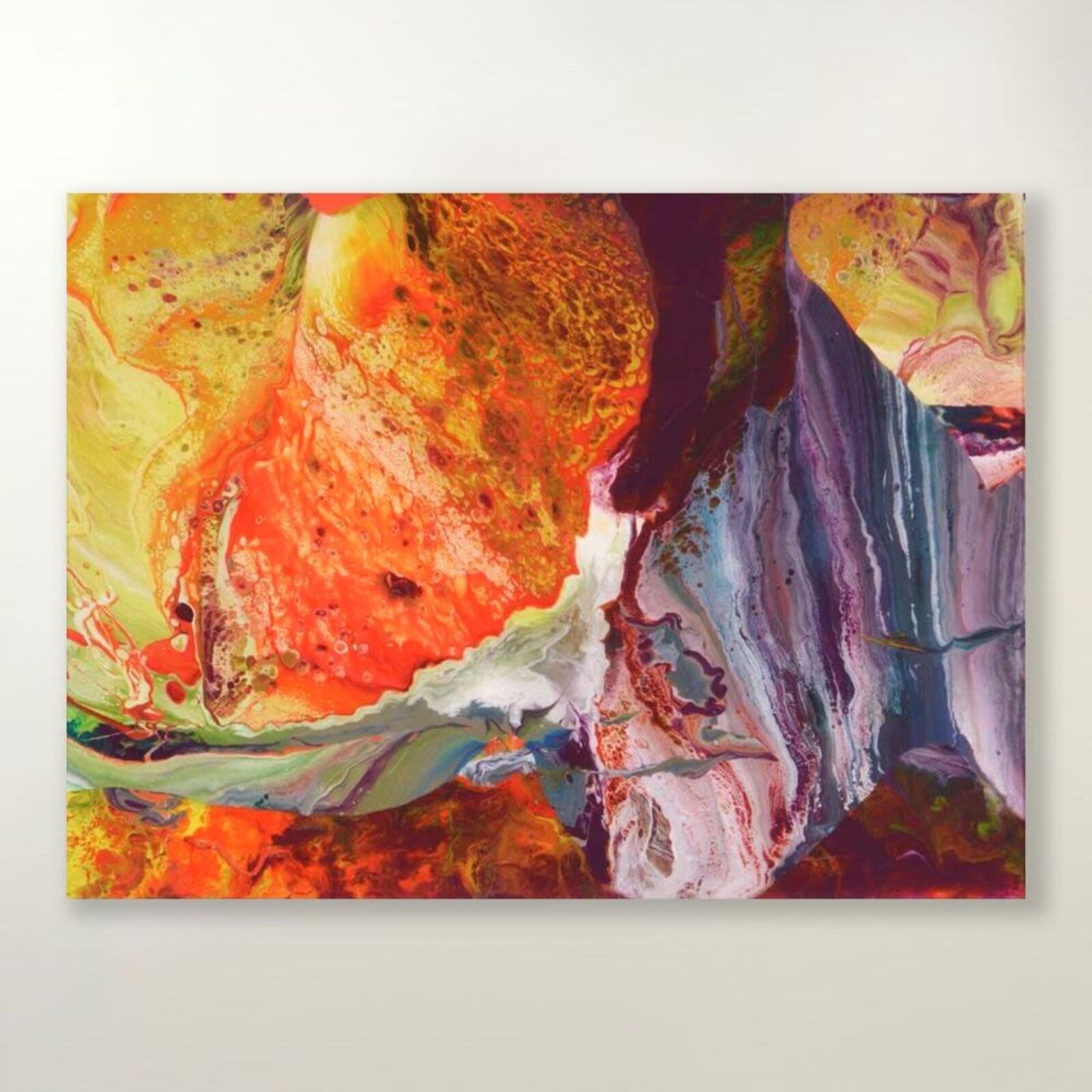A collection of four vibrant abstract paintings featuring fluid, marbled textures and bold color contrasts.