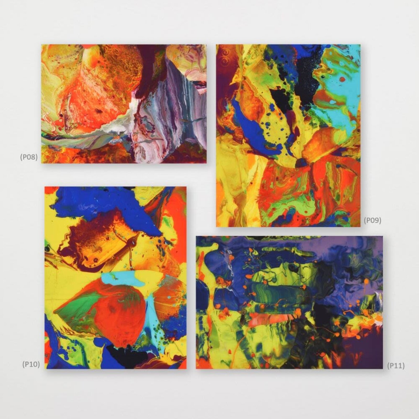 A collection of four vibrant abstract paintings featuring fluid, marbled textures and bold color contrasts.