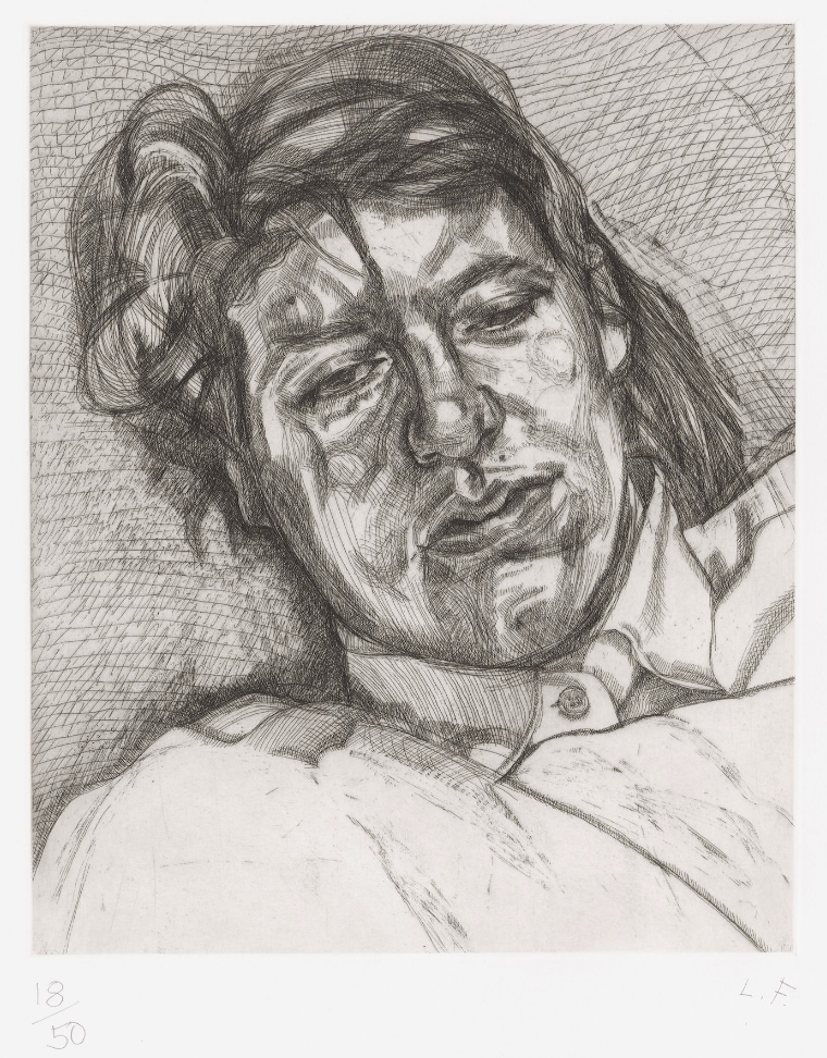 A monochromatic portrait of a person resting with a heavy, textured face.