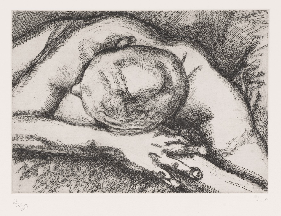 A somber etching of a reclining figure in deep repose.