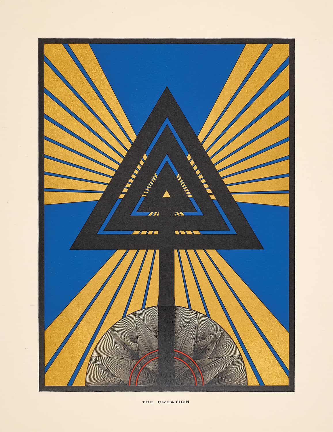 A geometric composition featuring nested triangles and radiating lines in bold blue, yellow, and black.