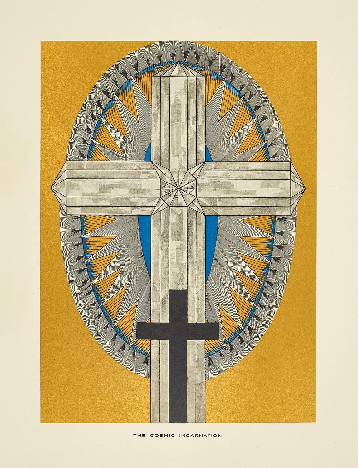 A geometric cross design with a radiant sunburst pattern and layered textures.