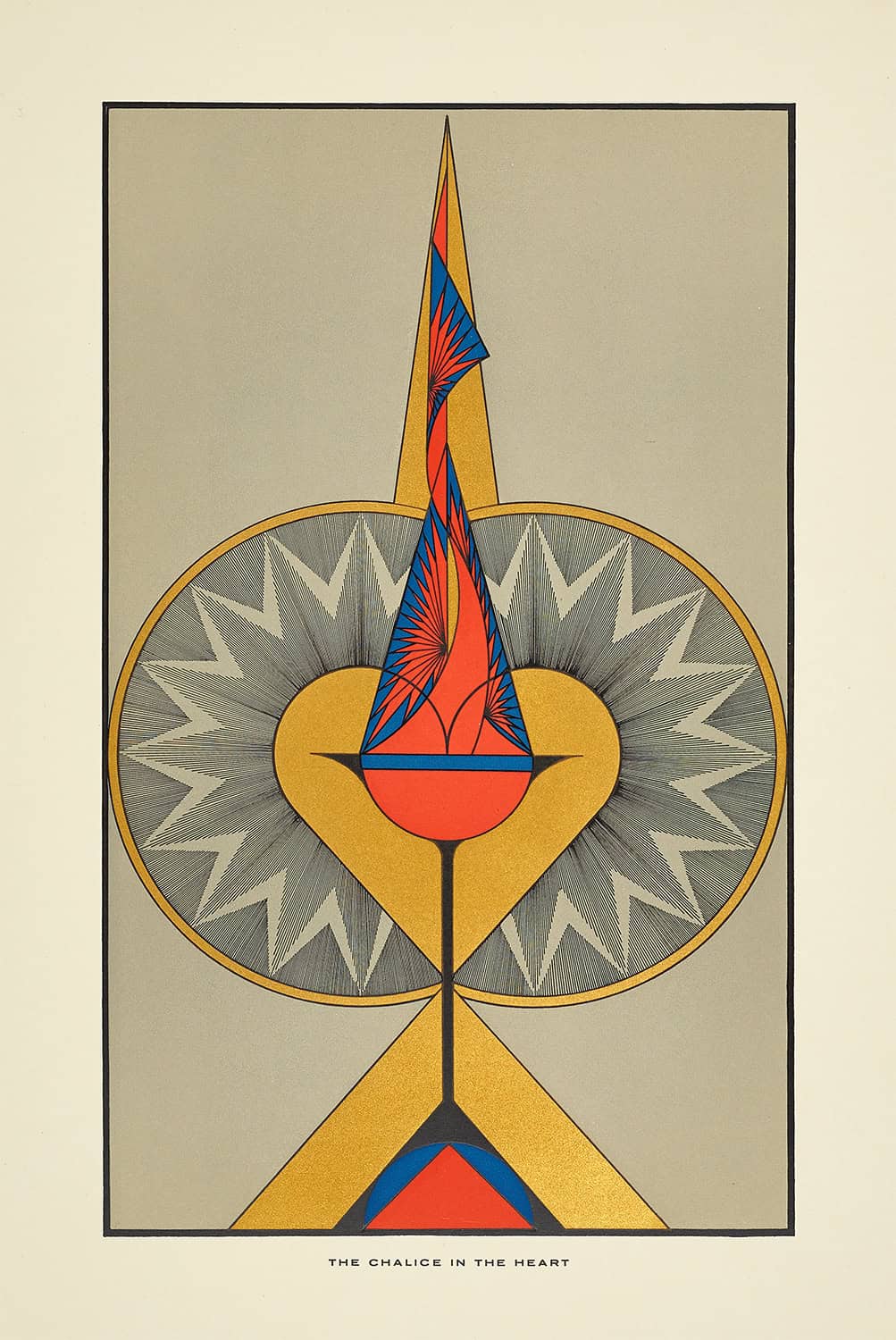 A symbolic composition featuring a chalice rising from a heart, surrounded by geometric patterns.
