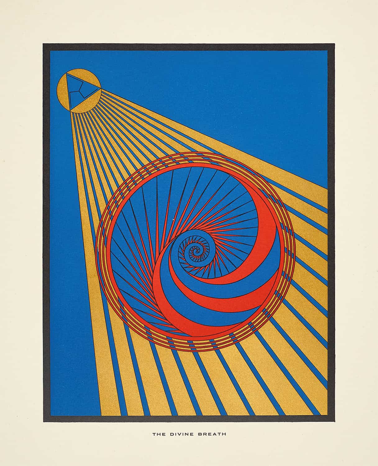 A geometric spiral design with radiating lines and a celestial motif.