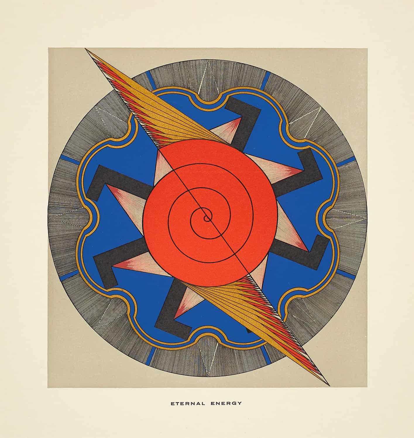 A vibrant geometric print featuring a red spiral center, blue star-like shapes, and feathered rays against a grey background.
