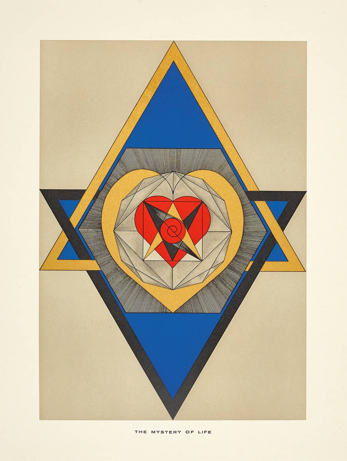 A geometric composition featuring a red heart at the center of layered shapes and symbols.