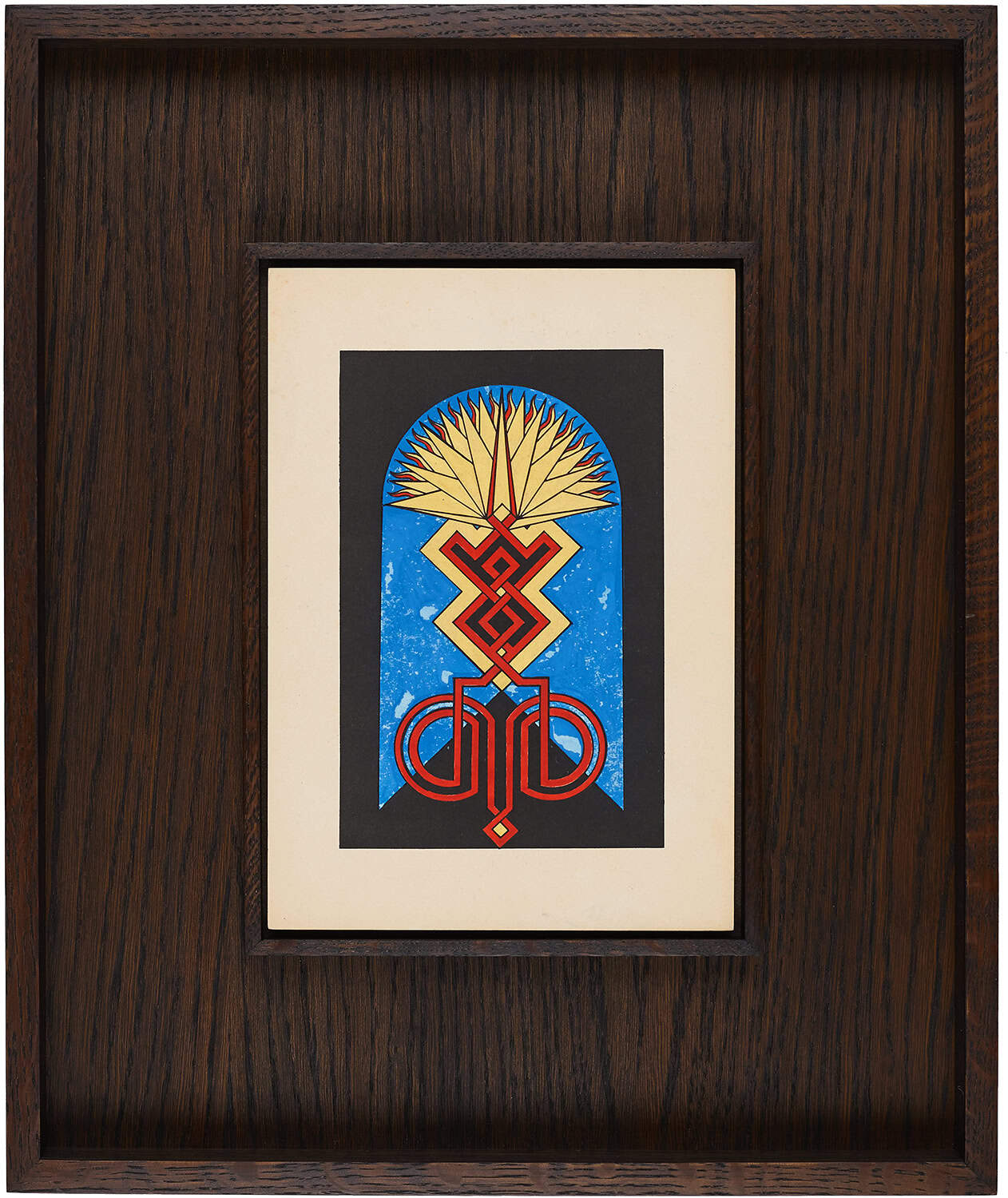 A framed Art Deco print featuring a stylized sunburst and geometric interlocking shapes.