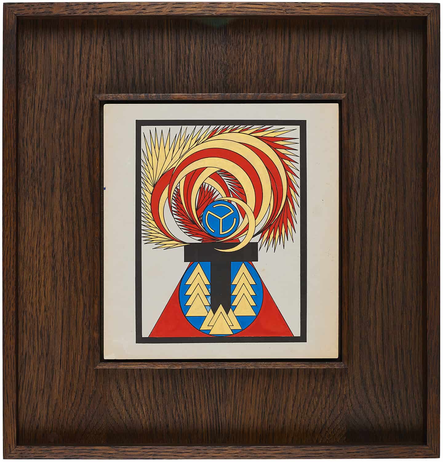 A framed geometric artwork featuring a stylized trophy with swirling red and yellow flames.