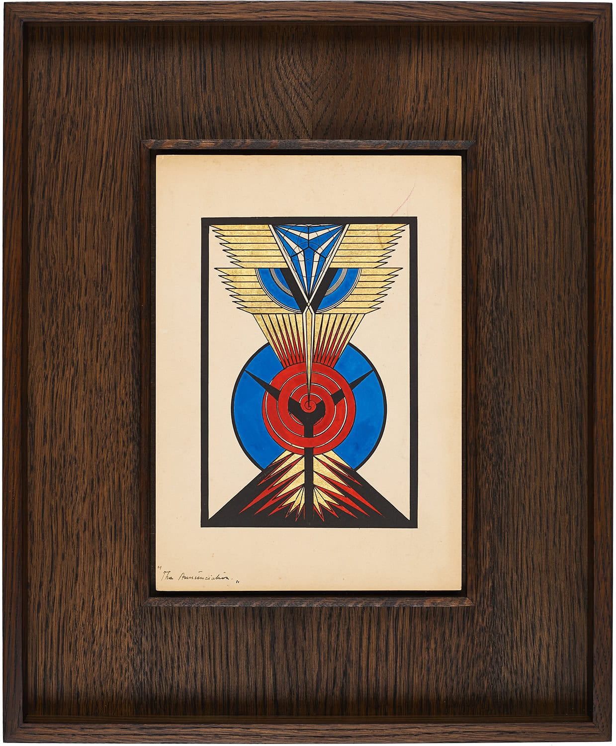 A symmetrical Art Deco print featuring a stylized bird within concentric circles and winged forms.