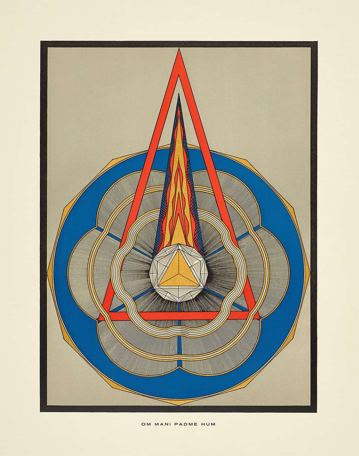 A geometric mandala featuring a central diamond shape and a red triangle against a blue circular background.