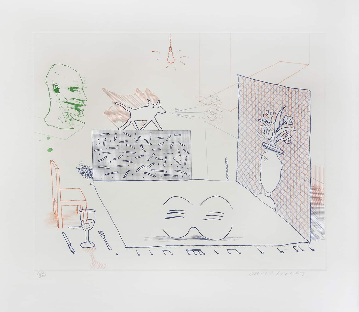 A surreal still life featuring a dog, a face, and abstract shapes in a dreamlike composition.