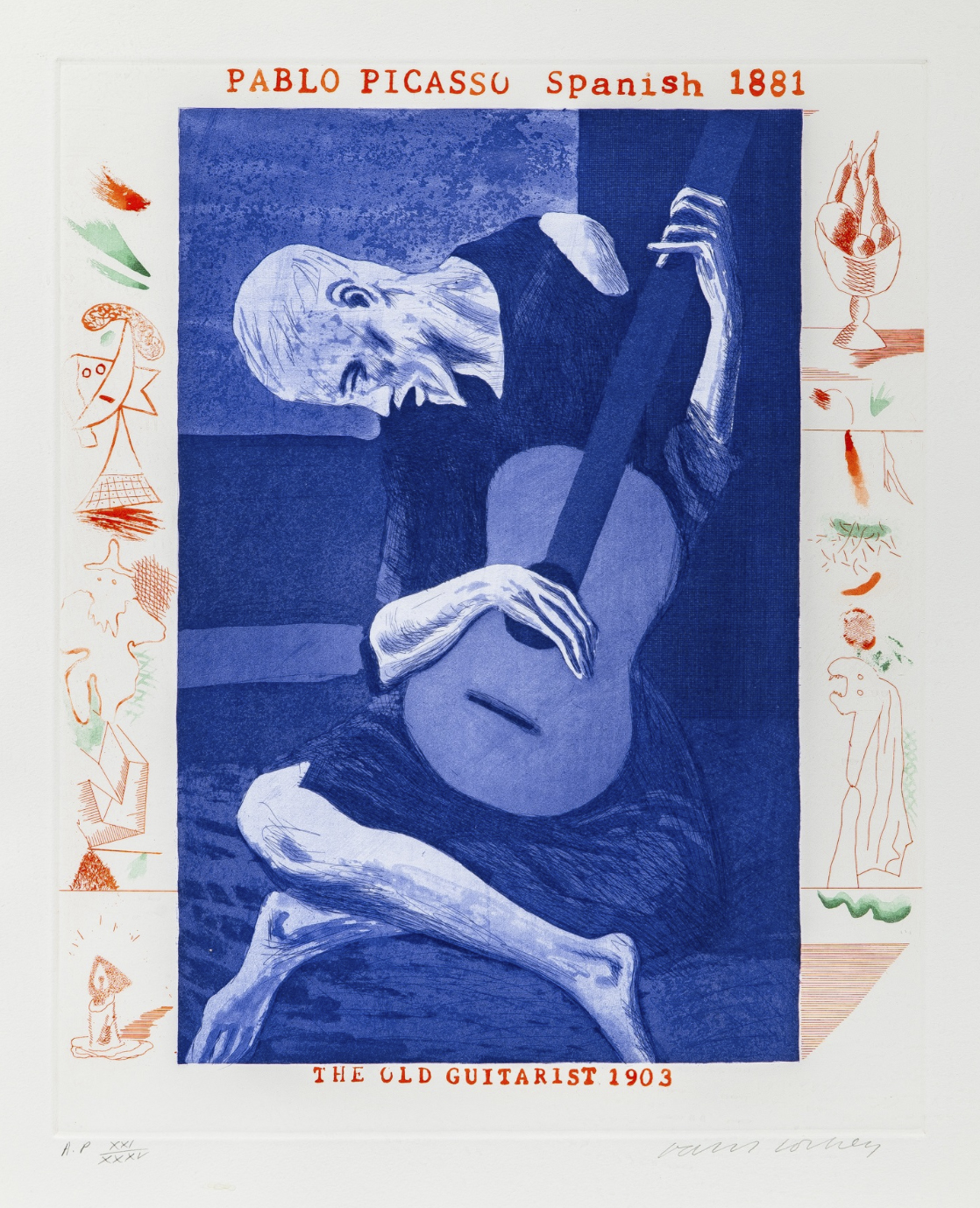A blue-toned print of a seated figure playing a guitar, framed by colorful abstract symbols.