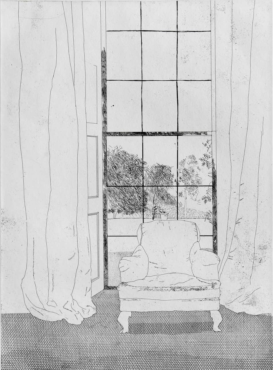A monochromatic interior scene featuring a plush armchair positioned before a large window with heavy drapes.