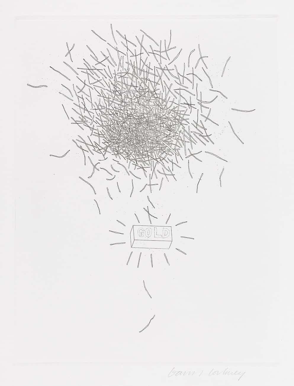 A minimalist line drawing of a glowing gold brick exploding into chaotic scribbles.