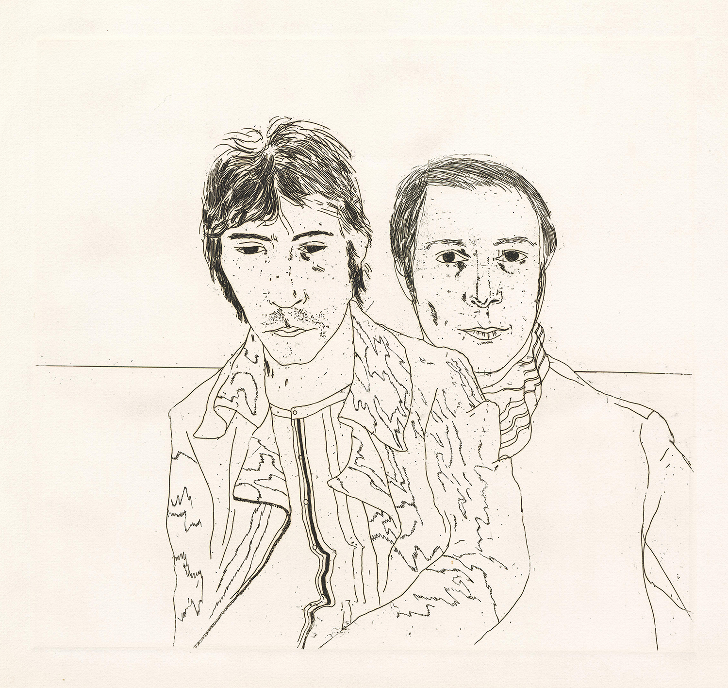 A black-and-white etching of two figures sharing a jacket.