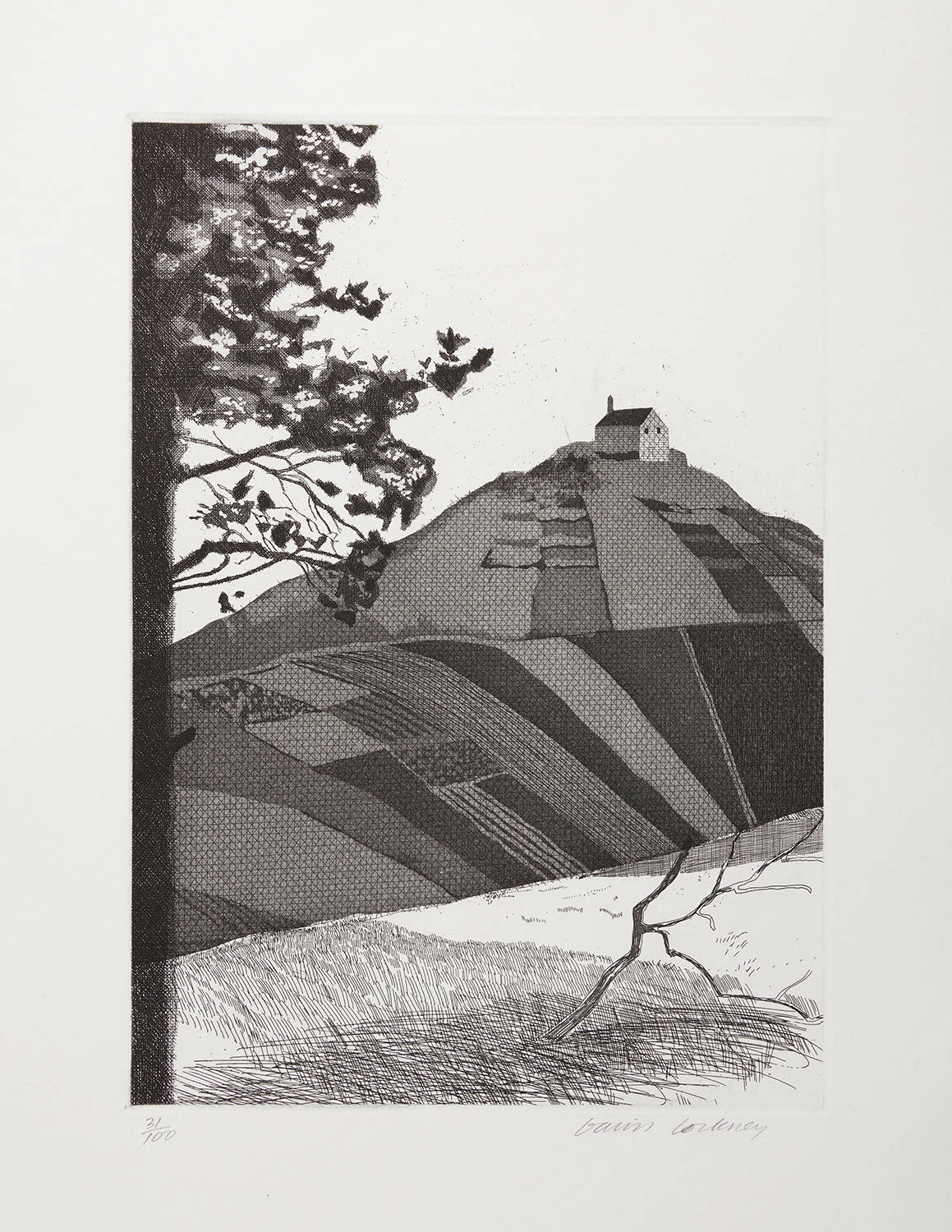 A monochromatic landscape print featuring a hillside with geometric fields and a small structure at the summit.