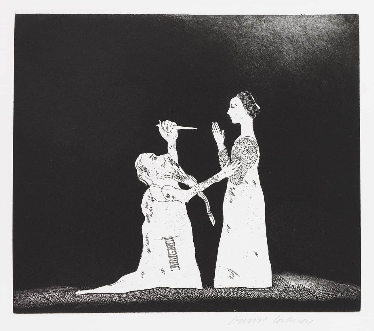 A dramatic black-and-white print depicting a kneeling figure holding a pen to the face of a standing woman.