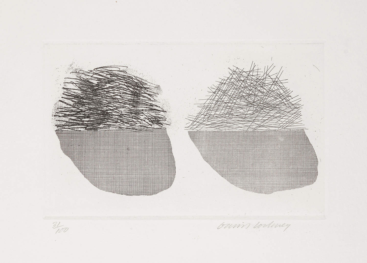 A minimalist print featuring two abstract shapes with contrasting textures.