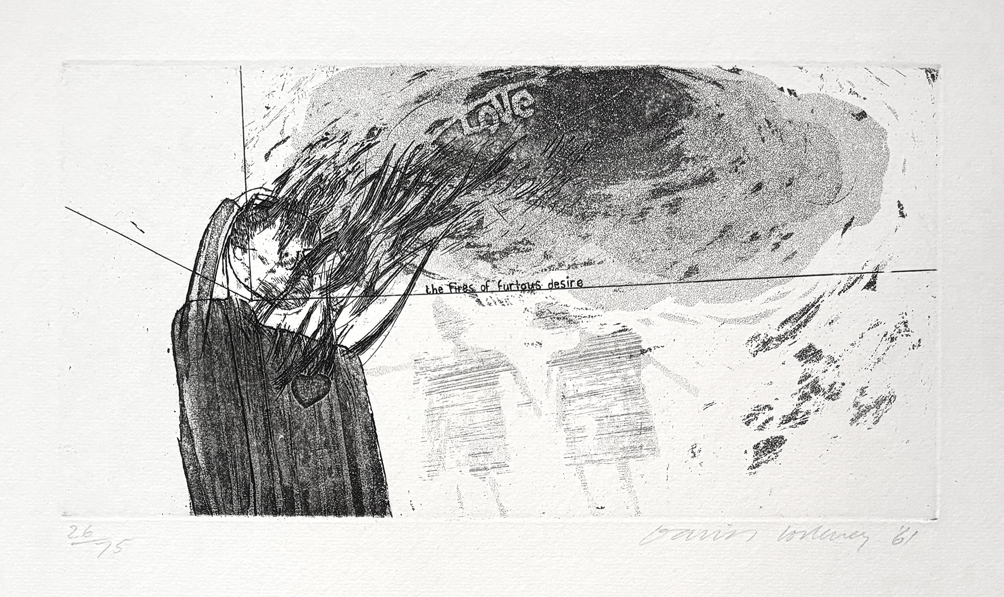 A monochromatic etching of a figure with wild hair under a swirling cloud, rendered in stark black and white.