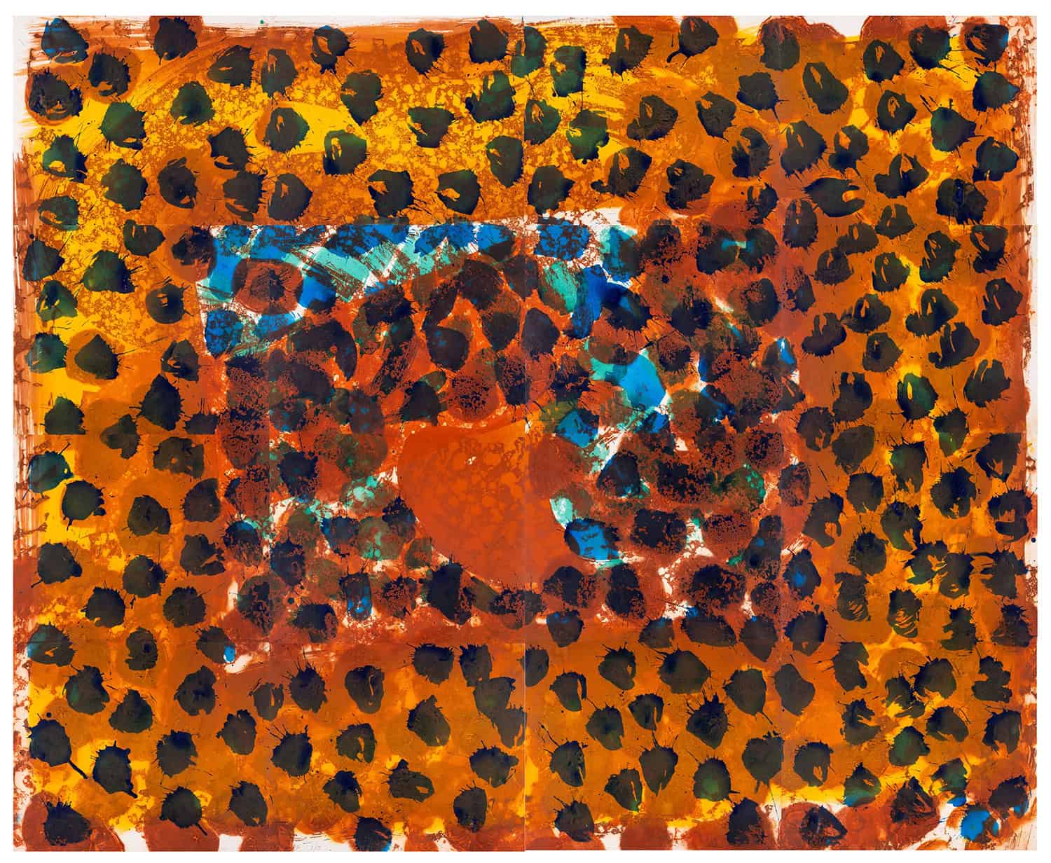 A vibrant abstract composition featuring a dense field of dark, irregular shapes against a warm orange background with a central blue and white focal point.