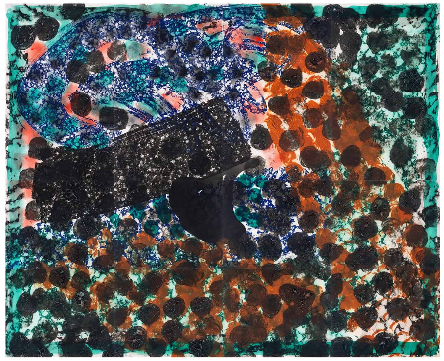 An abstract composition featuring a large black shape amidst a chaotic field of dark dots and vibrant blue, orange, and green textures.