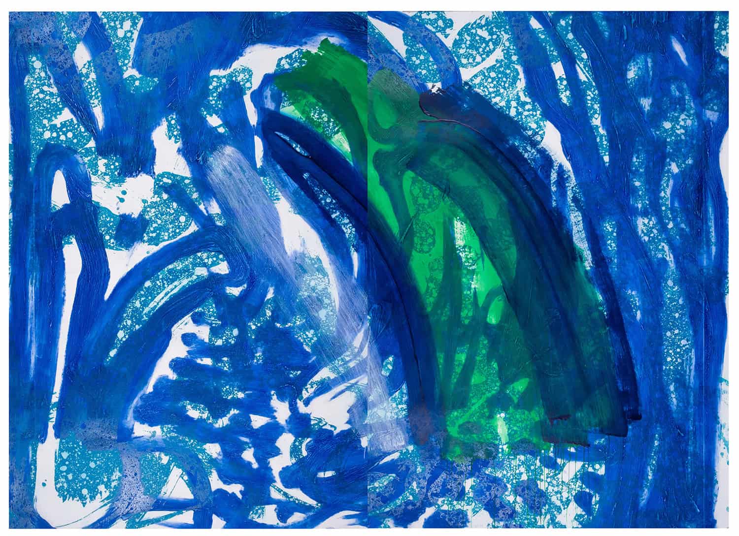 An abstract composition of layered blue and green brushstrokes on white paper.