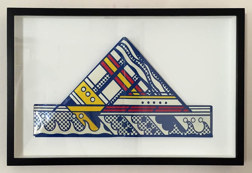 A geometric abstract composition featuring a stylized pyramid shape with colorful patterns and wave-like motifs.