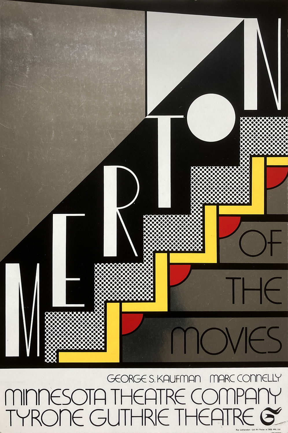 A geometric poster featuring bold typography and abstract shapes in a striking color palette.