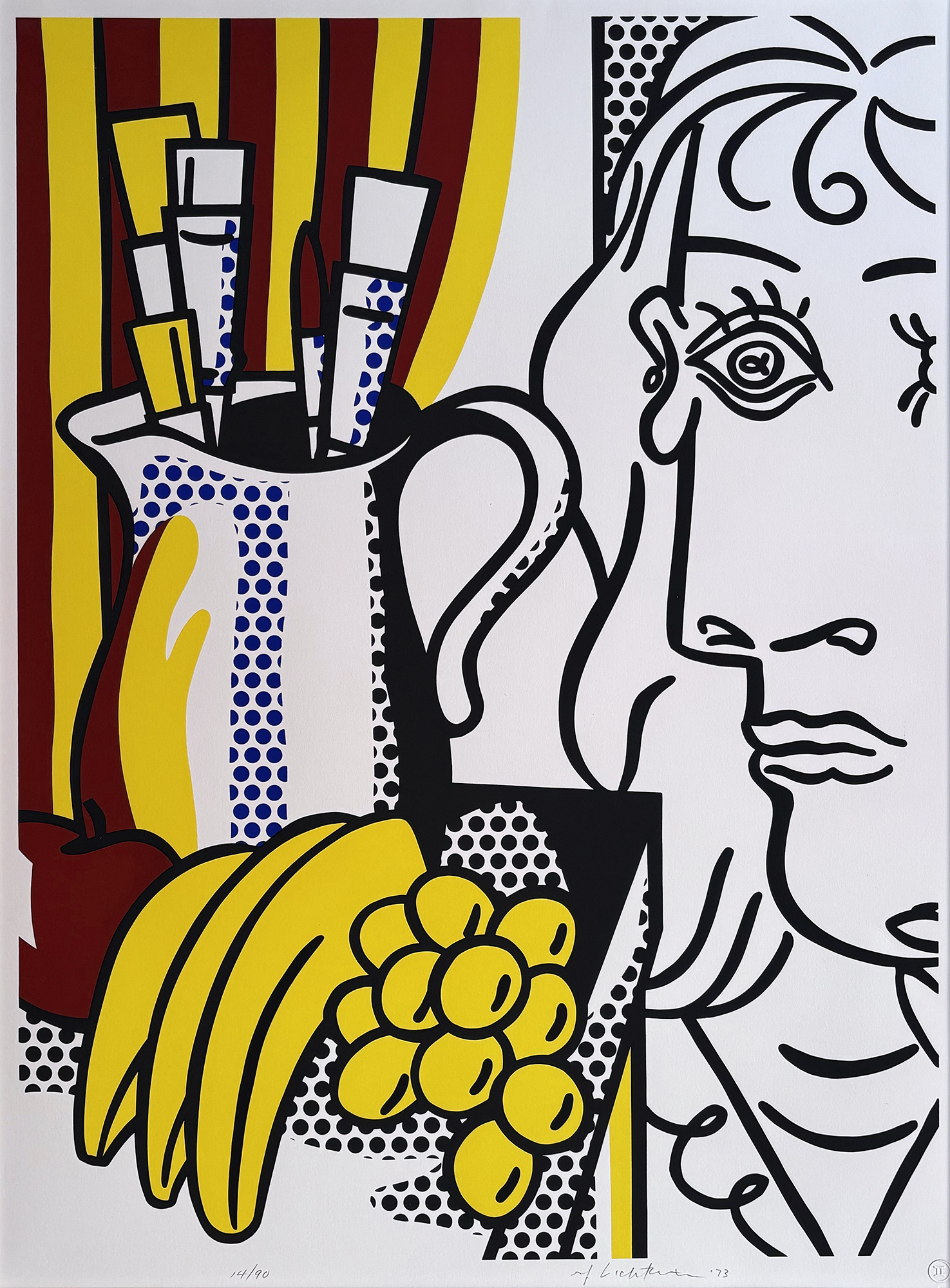 A pop-art composition featuring a line-drawn face, a pitcher of fruit, and bold geometric patterns.