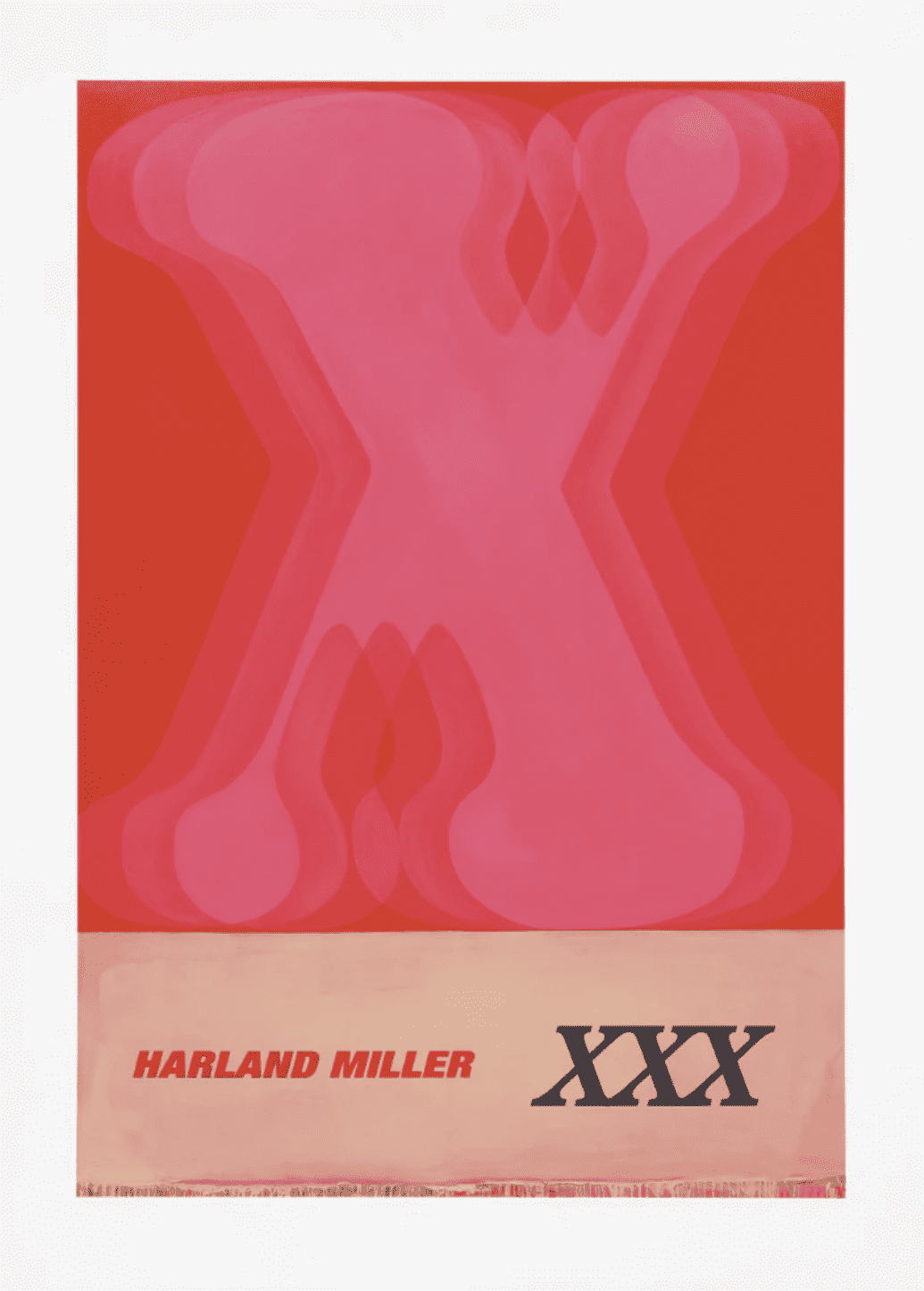A bold graphic print featuring a large pink X shape against a red background with text at the bottom.