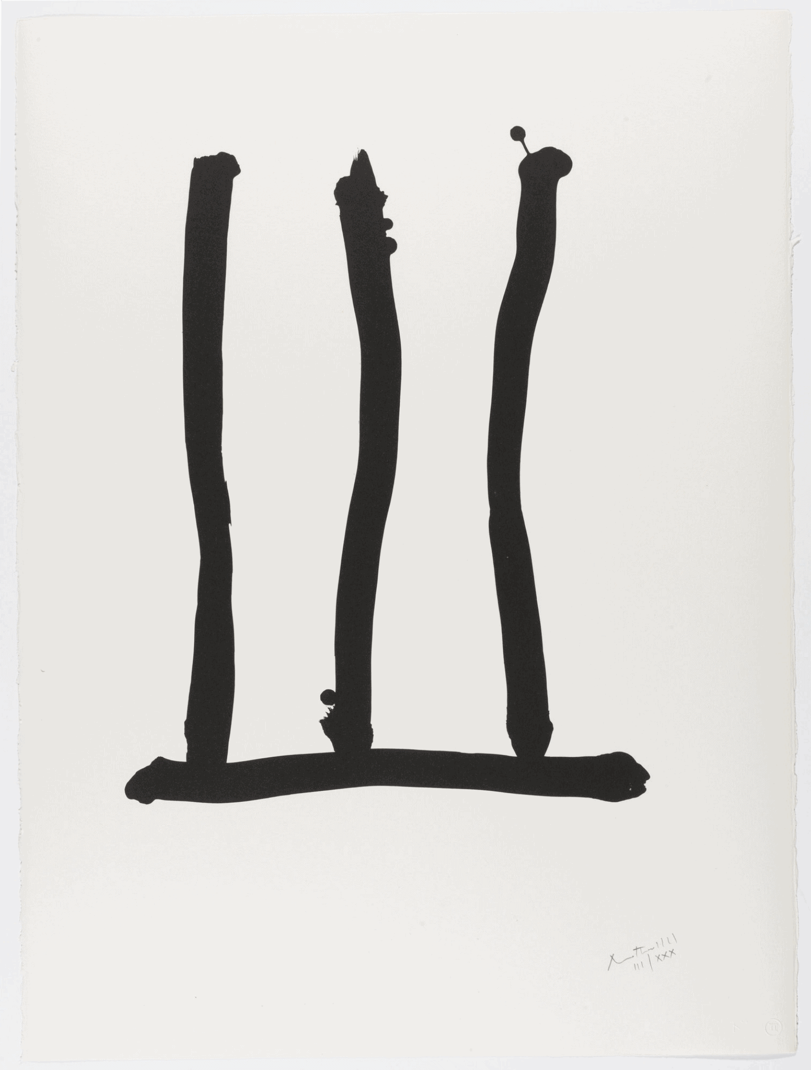 A minimalist black ink print featuring three vertical strokes connected by a horizontal base.