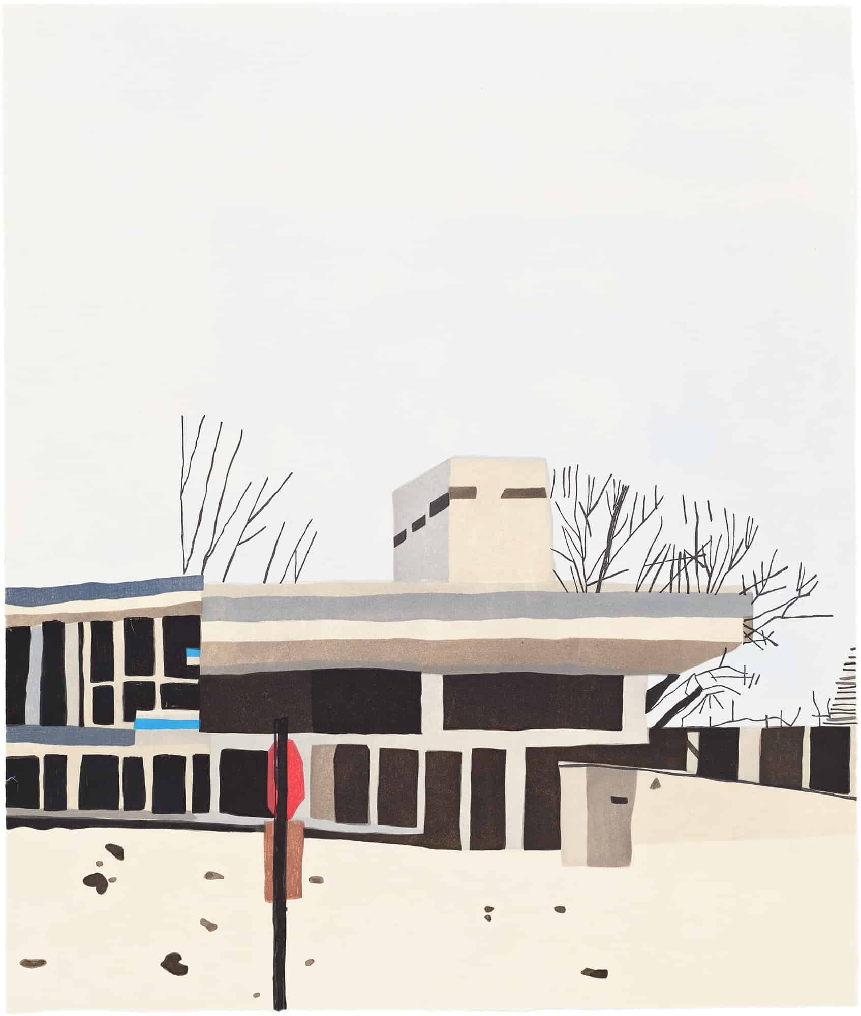 A stylized architectural scene featuring a modern building with geometric forms and bare trees against a pale sky.