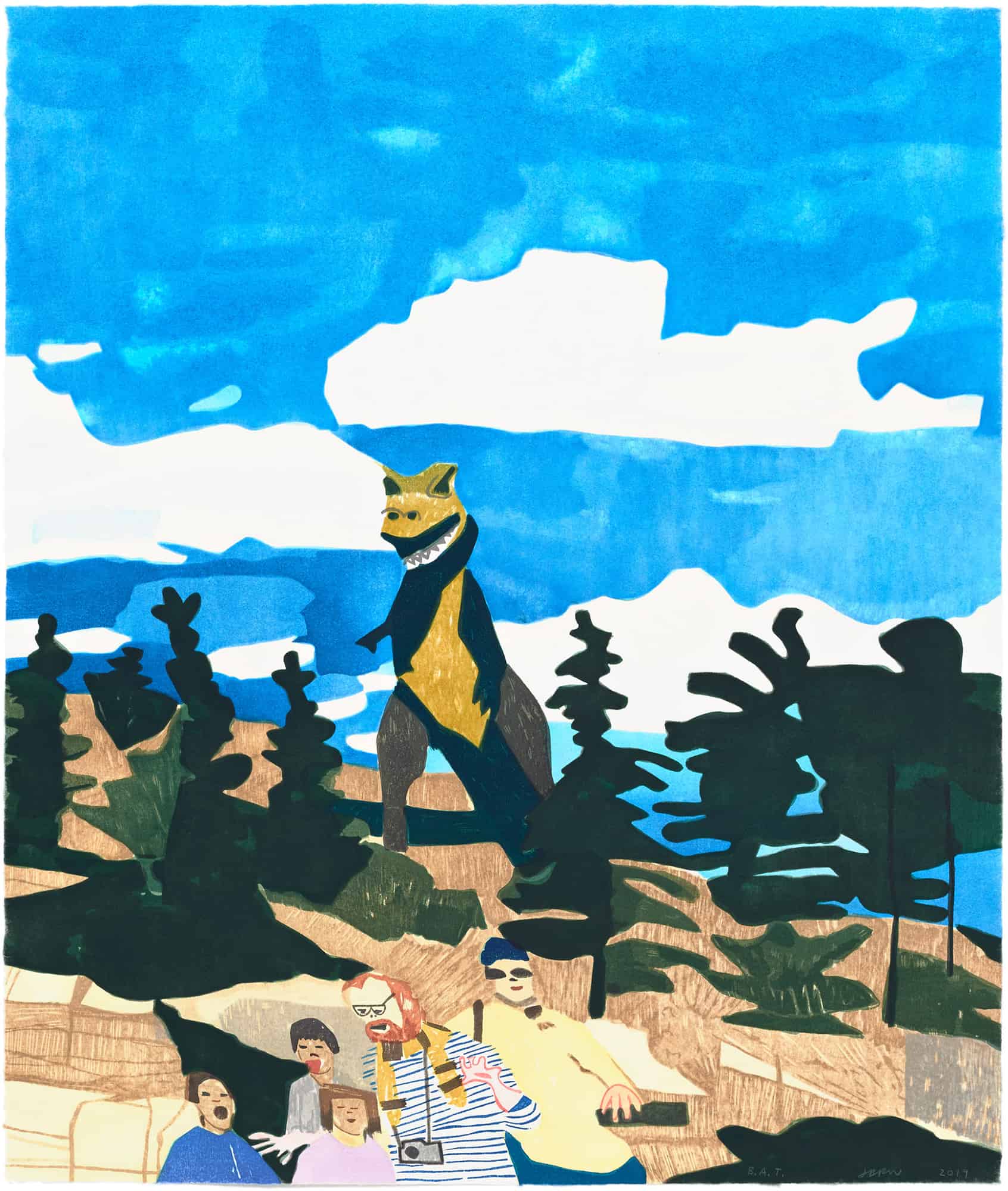 A surreal landscape where a large, masked figure stands atop a hill overlooking a group of people.