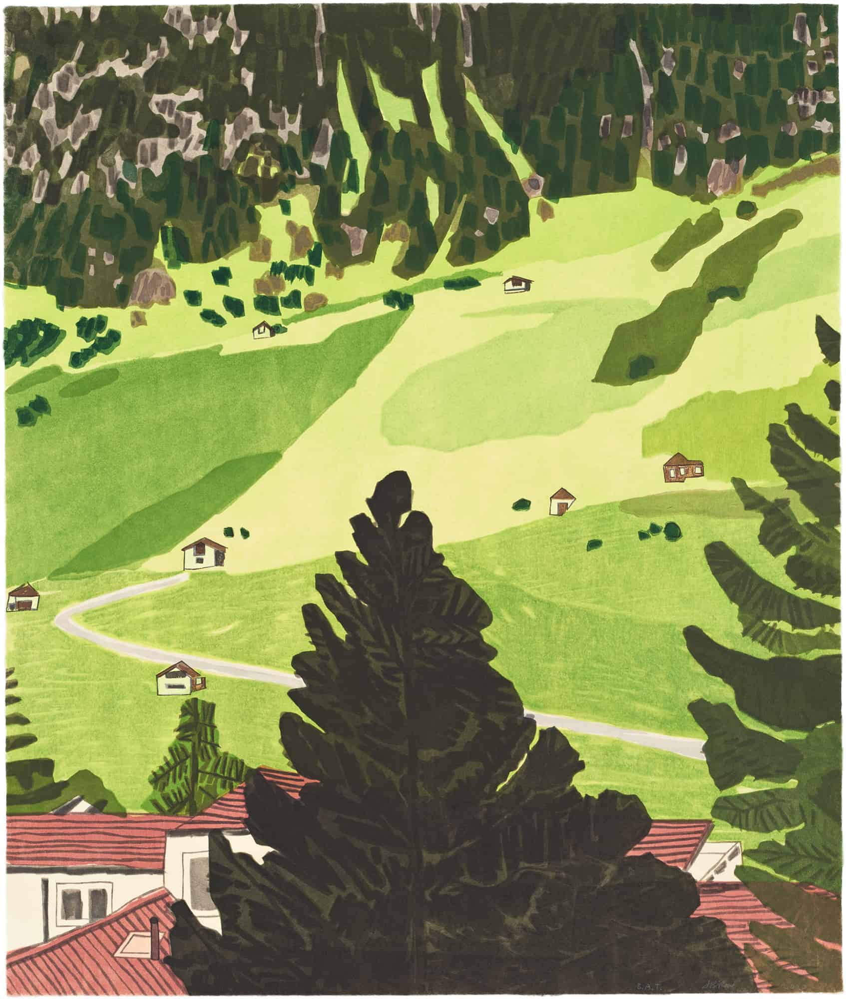 A stylized landscape print of a green valley with scattered houses and dark pine trees in the foreground.