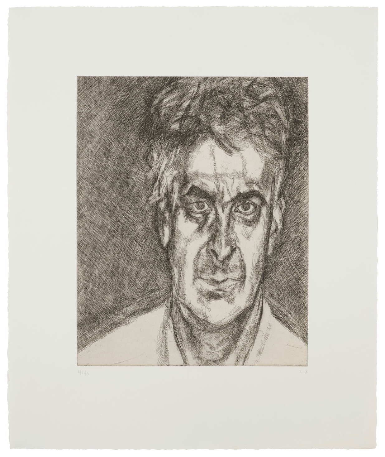 A detailed etching portrait of a man with intense eyes and textured hair.