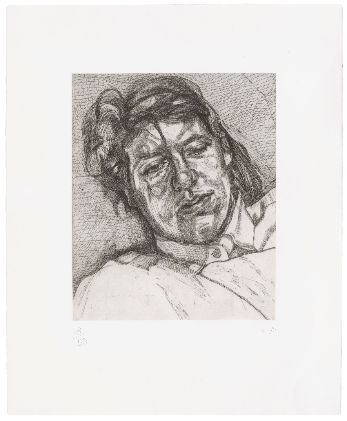 A monochromatic portrait of a person resting with a heavy, textured face.