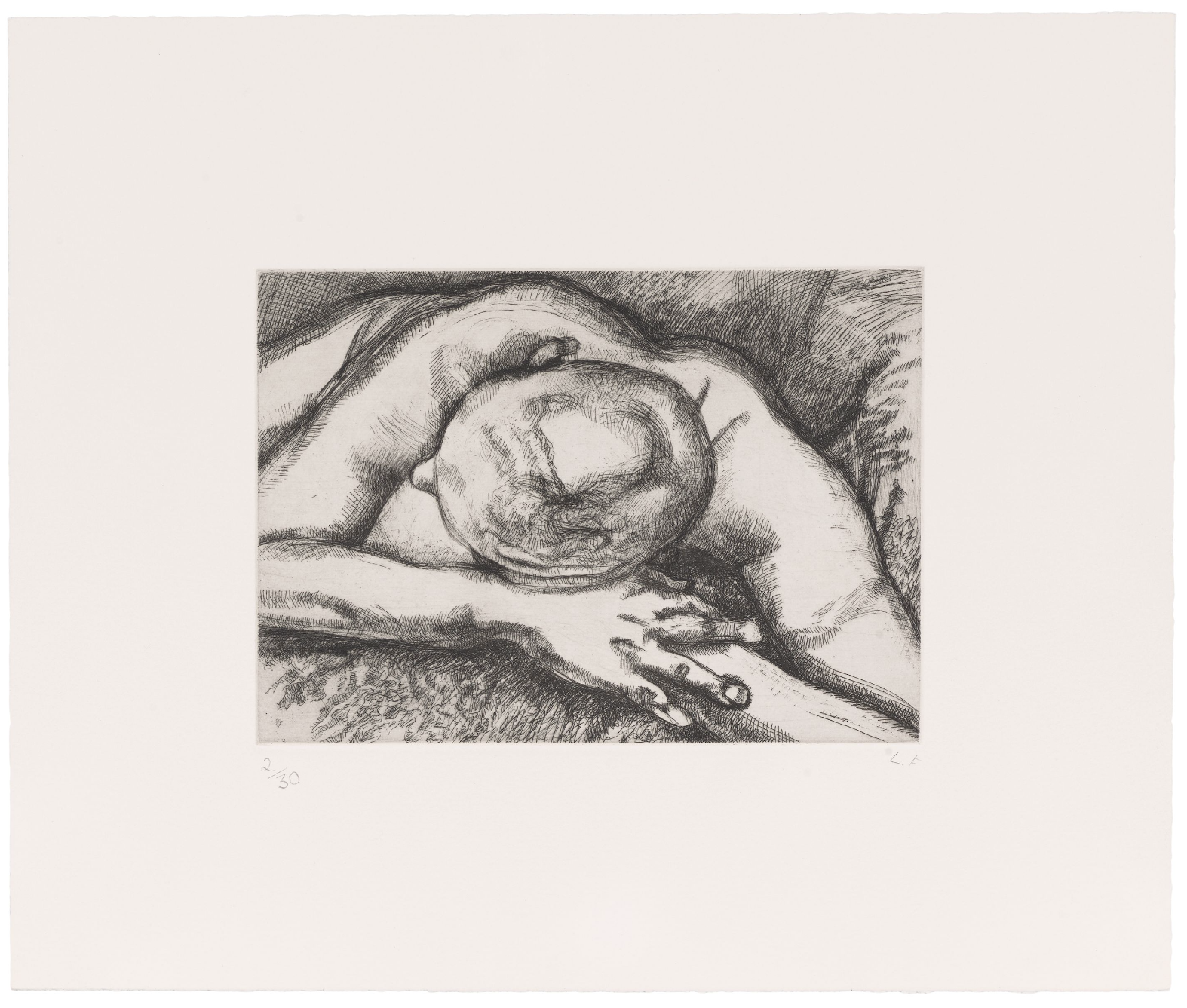 A somber etching of a reclining figure in deep repose.