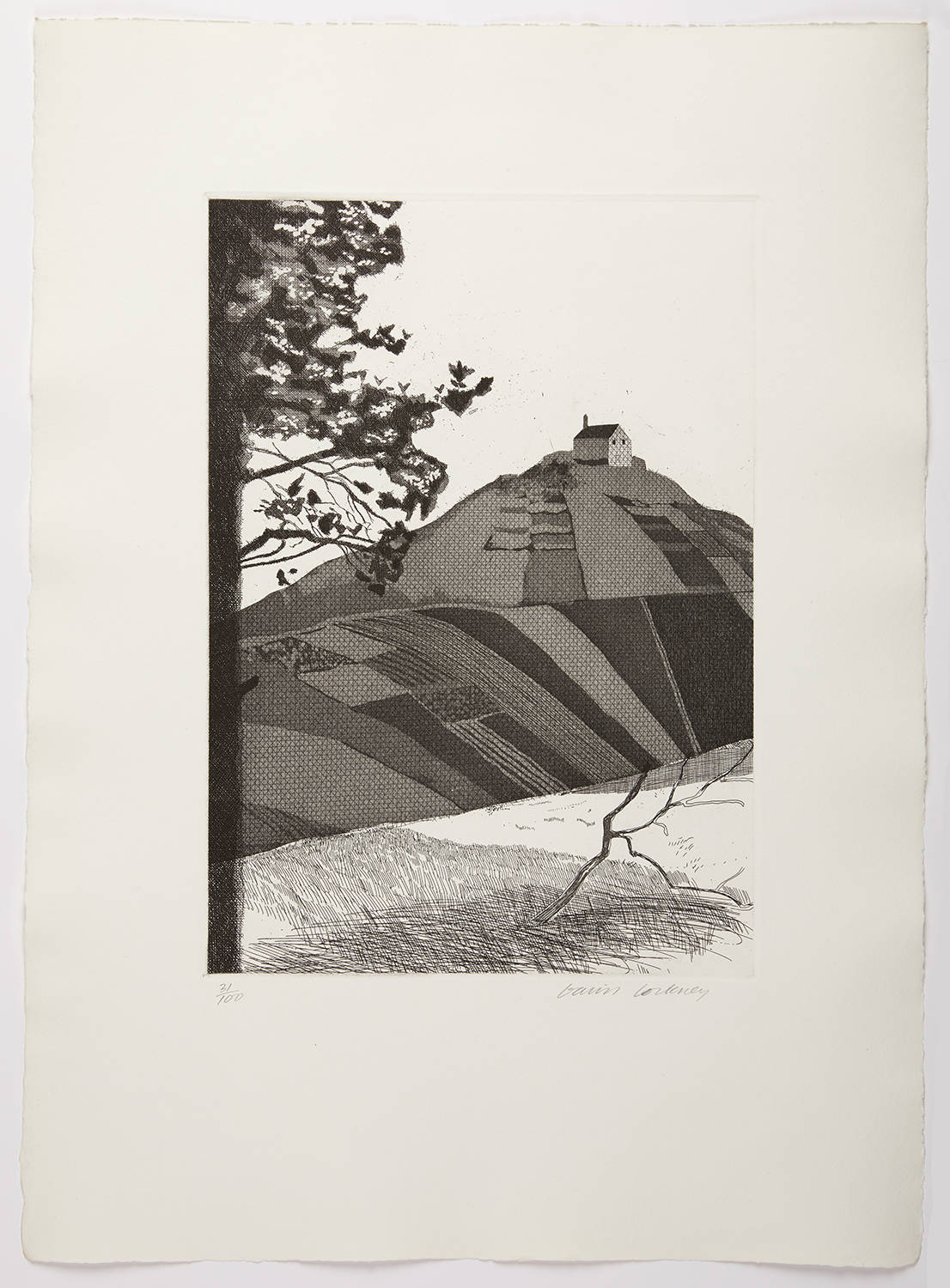 A monochromatic landscape print featuring a hillside with geometric fields and a small structure at the summit.