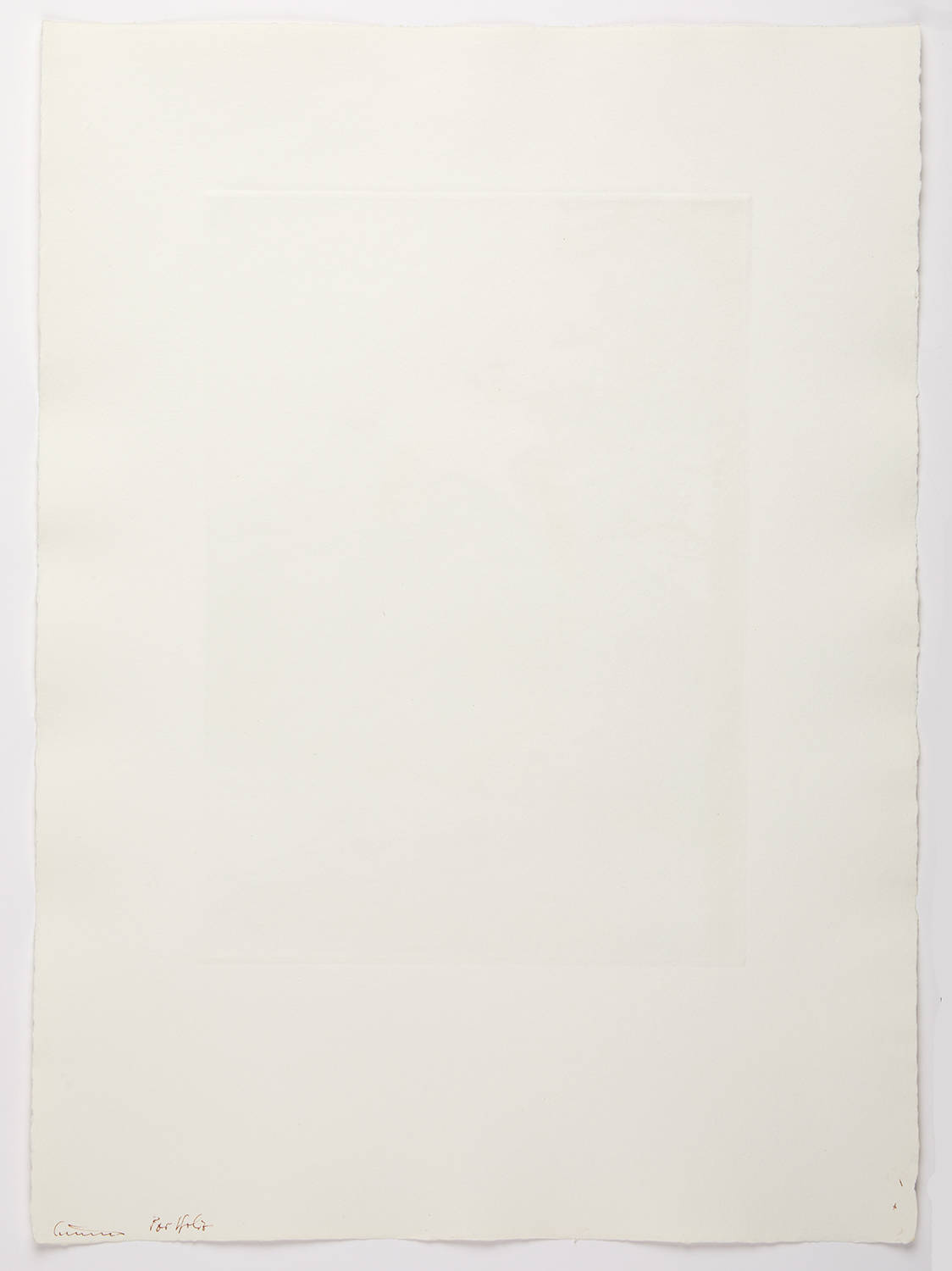 A monochromatic landscape print featuring a hillside with geometric fields and a small structure at the summit.