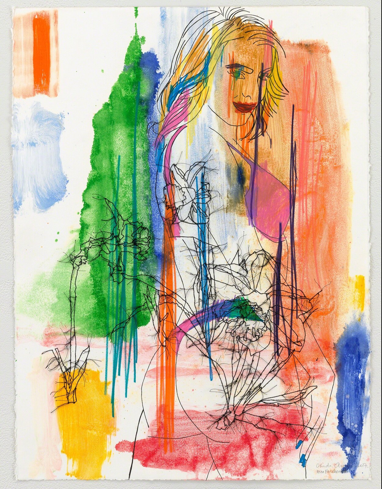 Artwork by Ghada Amer, Boogienight, Made of Ink, colour pencil and embroidery on paper 