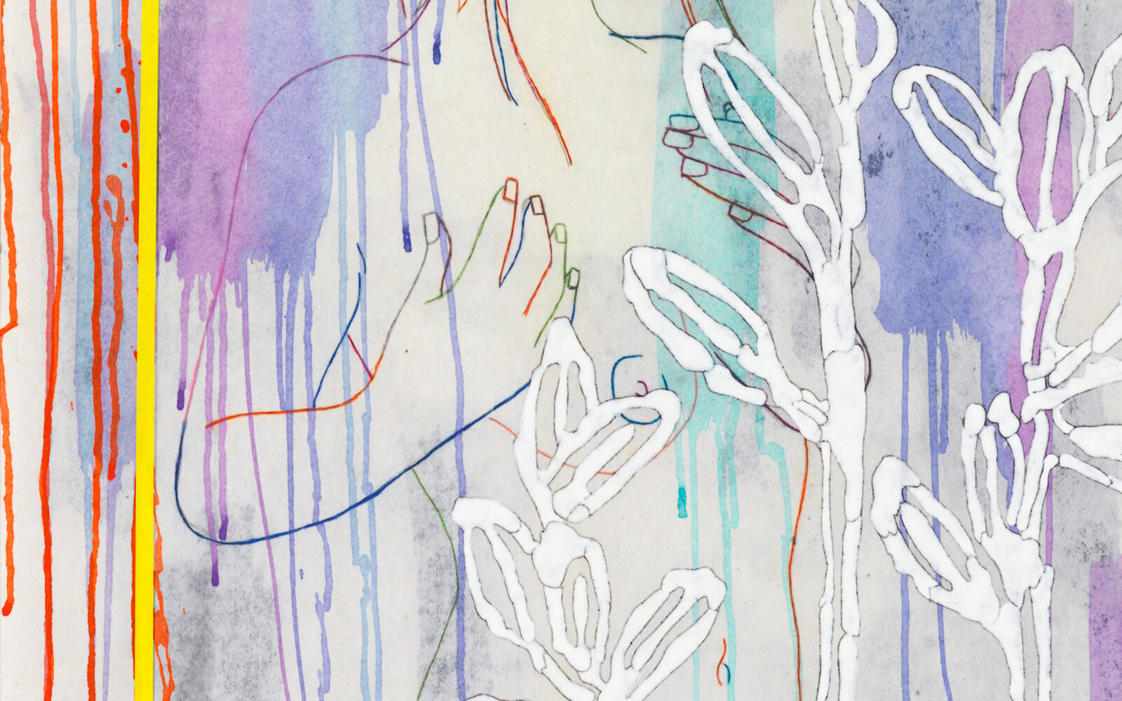 A drawing of a woman standing in front of a yellow frame.