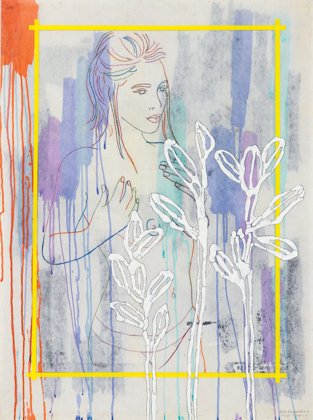 A drawing of a woman standing in front of a yellow frame.