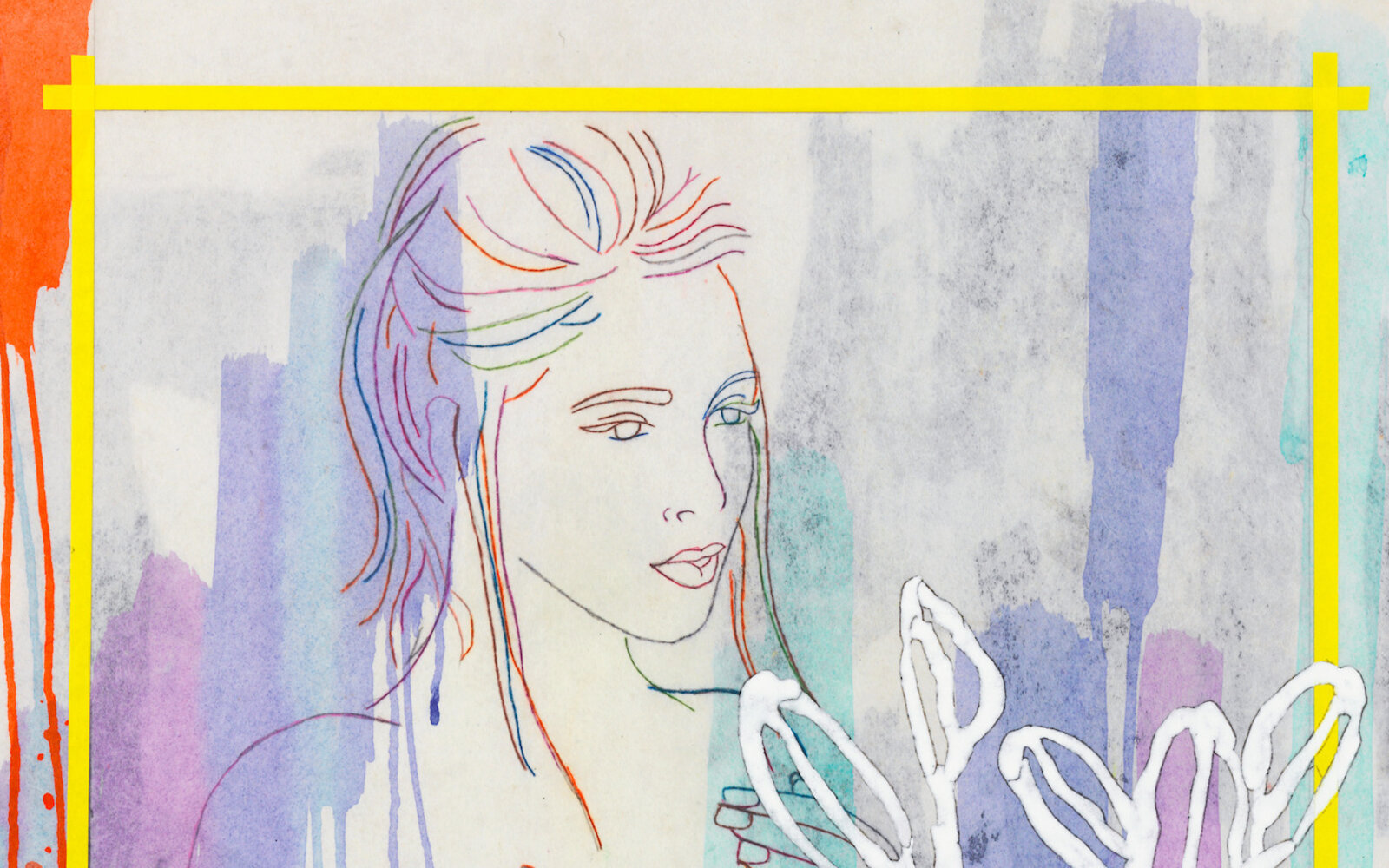 A drawing of a woman standing in front of a yellow frame.