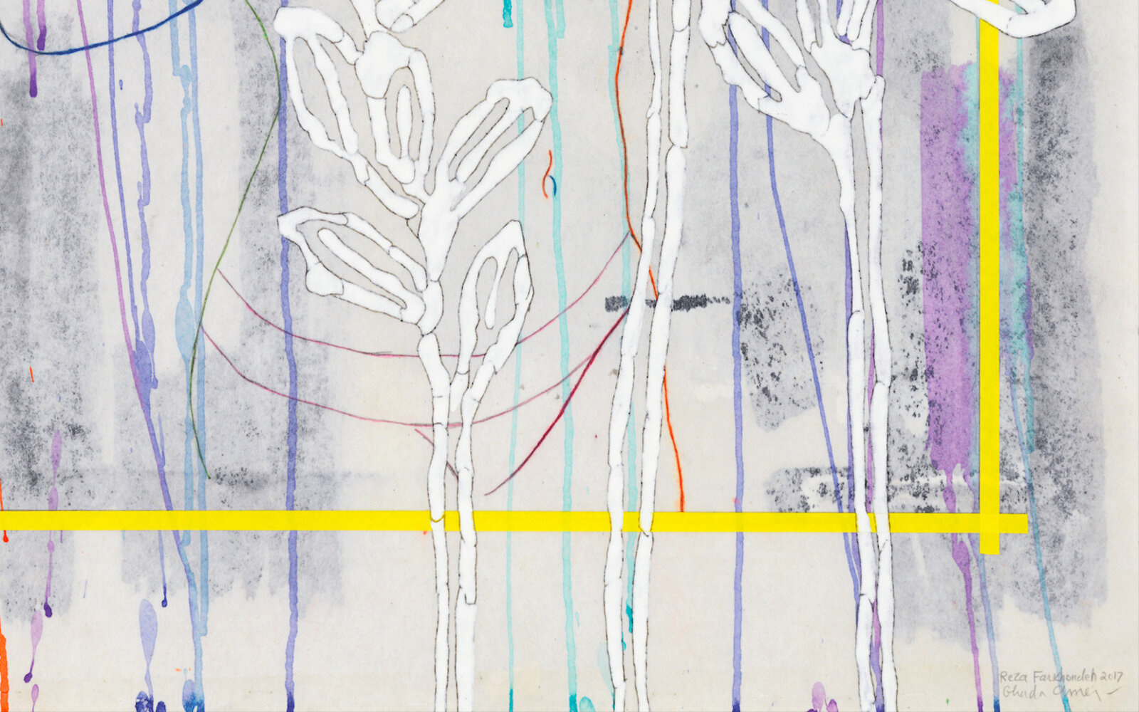 A drawing of a woman standing in front of a yellow frame.