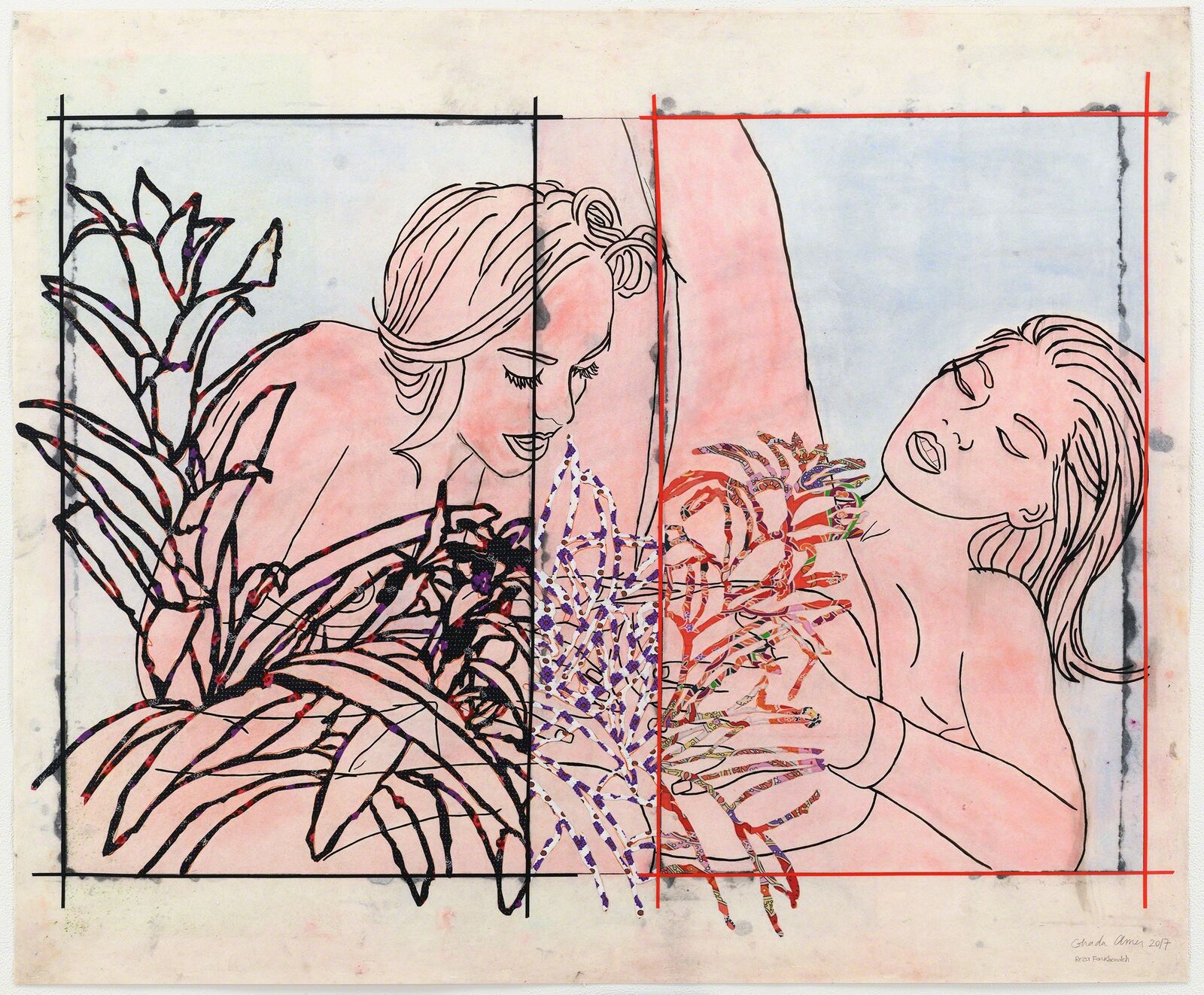 A drawing of two women sitting in a field of flowers.